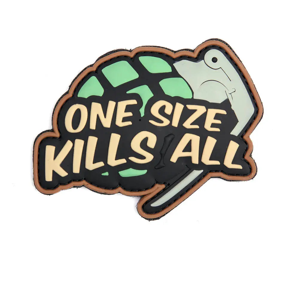 Patch One Size Kills All, grøn/brun med velcro på bagsiden.