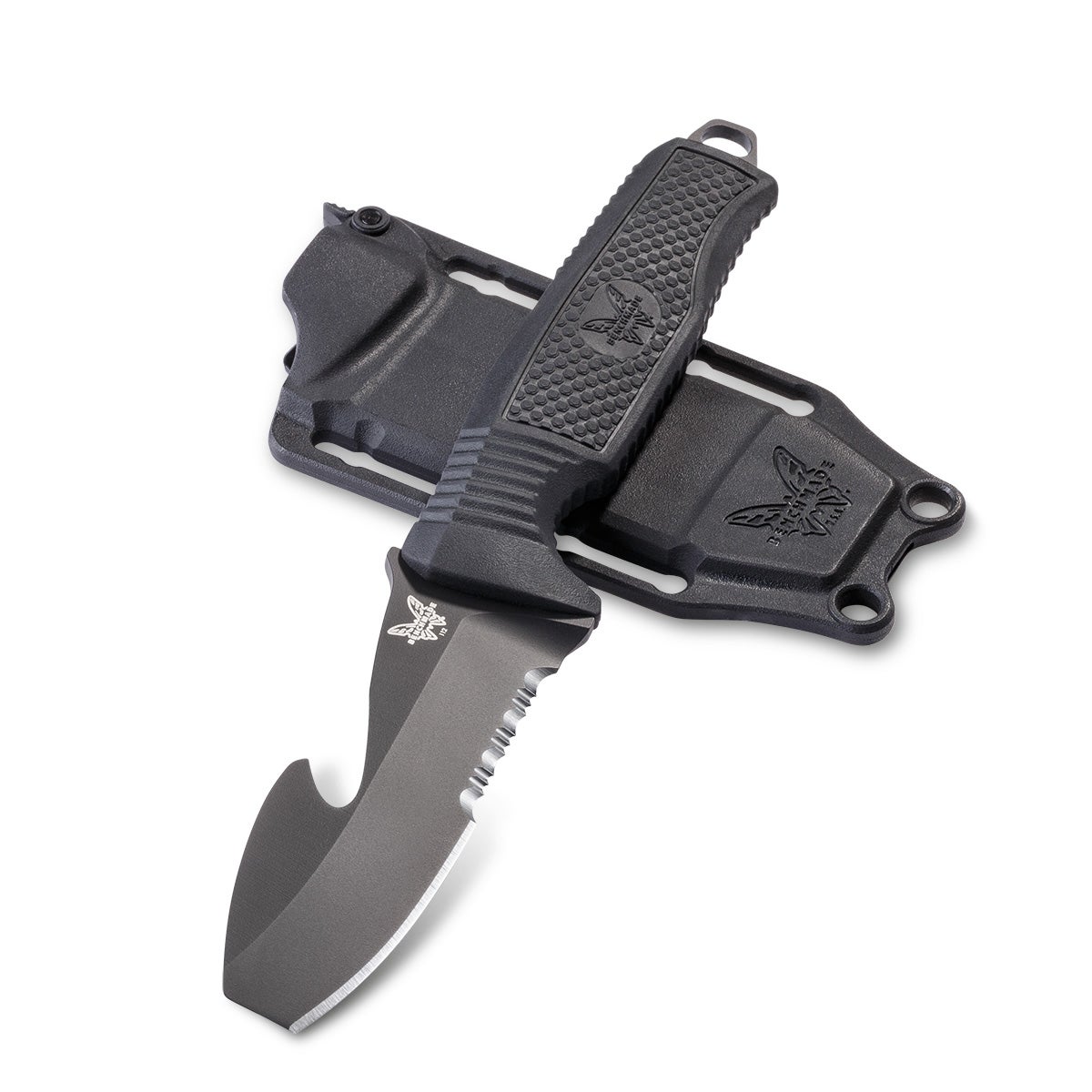 Benchmade 112SBK-BLK H2O dykkerkniv med sort Cerakote N680-blad, rescue hook og sort Santoprene-skæfte