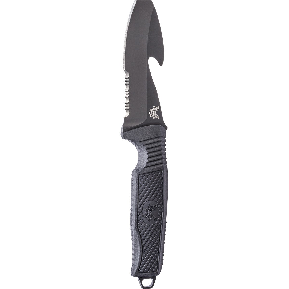 Benchmade 112SBK-BLK H2O dykkerkniv med sort Cerakote N680-blad, rescue hook og sort Santoprene-skæfte