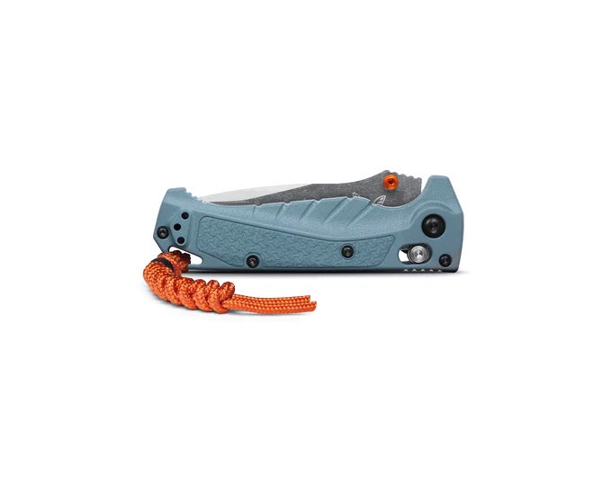 Benchmade 18065S Mini Adira foldekniv med delvist savtakket MagnaCut drop point-blad, Depth Blue Grivory-skæfte og orange lanyard