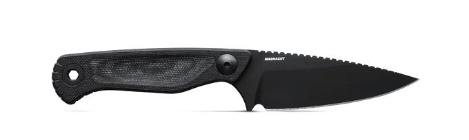 Benchmade 203BK-02 Dacian kniv med fast MagnaCut spear point-blad i sort Cerakote, sort Canvas Micarta-skæfte og sort læderskede