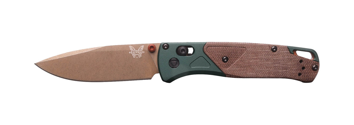 Benchmade 535FE-2602 Bugout foldekniv i Taiga Green med CPM-S90V drop-point blad og skæfte i aluminium og brun Canvas Micarta