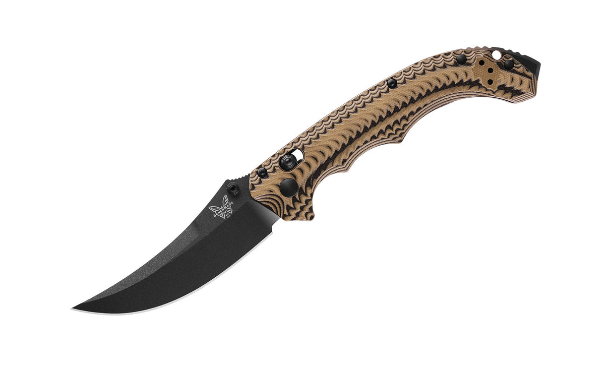Benchmade 865BK-01 Mini Bedlam foldekniv med sort Cerakote CPM-S90V scimitar-blad og lagdelt G10-skæfte i sort, coyote og OD Green