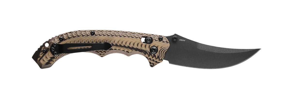 Benchmade 865BK-01 Mini Bedlam foldekniv med sort Cerakote CPM-S90V scimitar-blad og lagdelt G10-skæfte i sort, coyote og OD Green