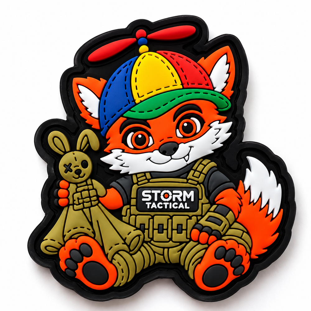 Baby Hank PVC patch fra Hank Tactical med propelkasket, taktisk vest og kanin på hvid baggrund