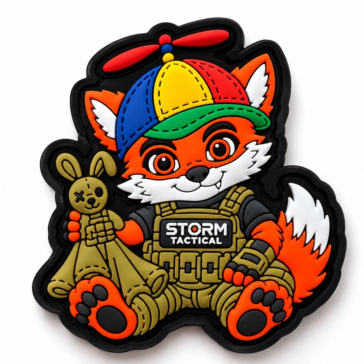 Baby Hank PVC patch fra Hank Tactical med propelkasket, taktisk vest og kanin på hvid baggrund